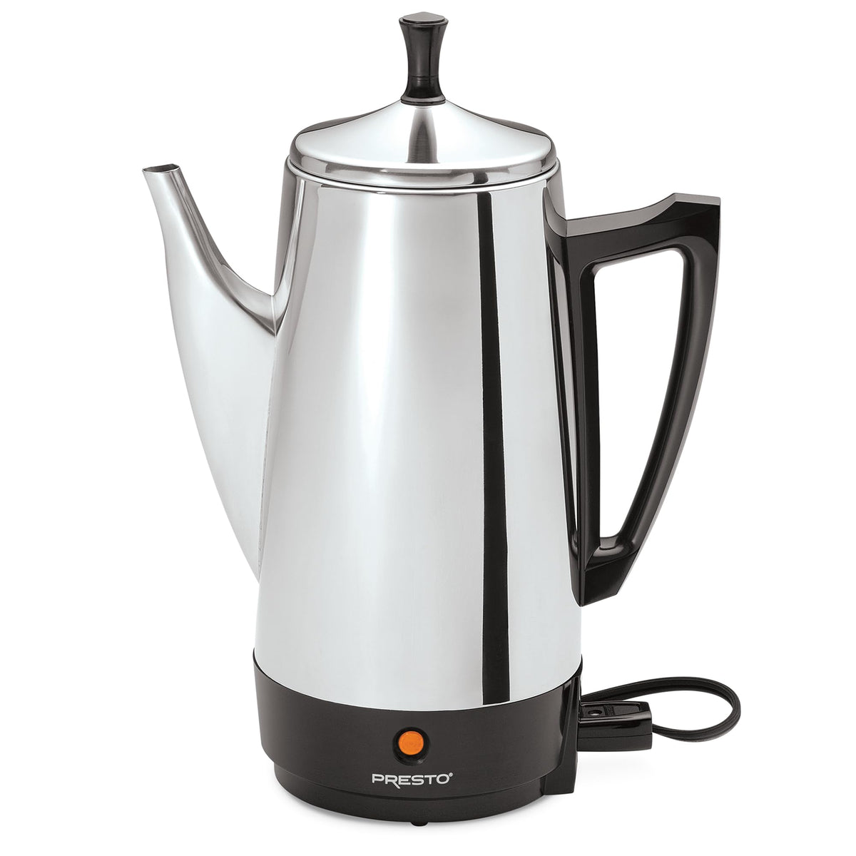 Presto 02811 coffee percolator front view highlights durable stainless steel and classic styling