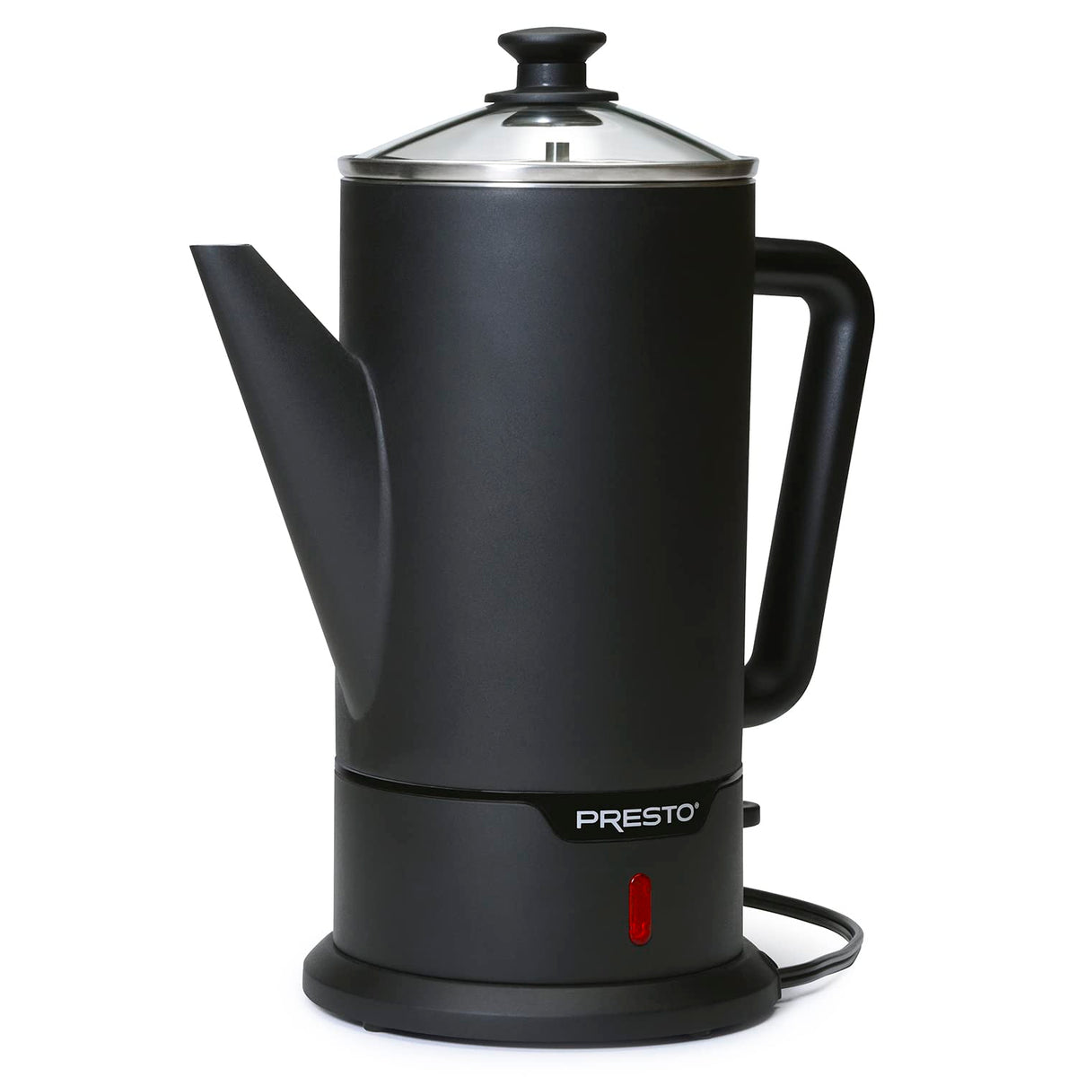 Presto 02815 stainless steel cordless percolator with glass cover watching brew progress.