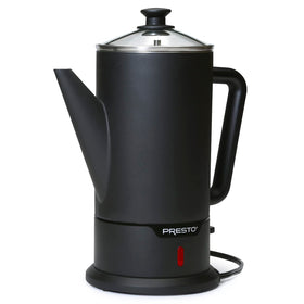 Presto 02815 stainless steel cordless percolator with glass cover watching brew progress.