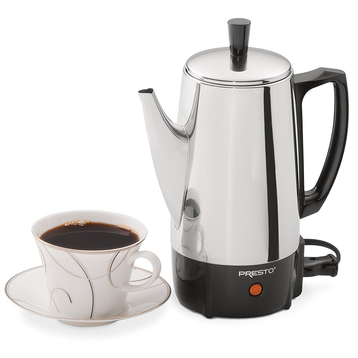 Presto 02822 coffee percolator side profile shows 6-cup capacity for daily use
