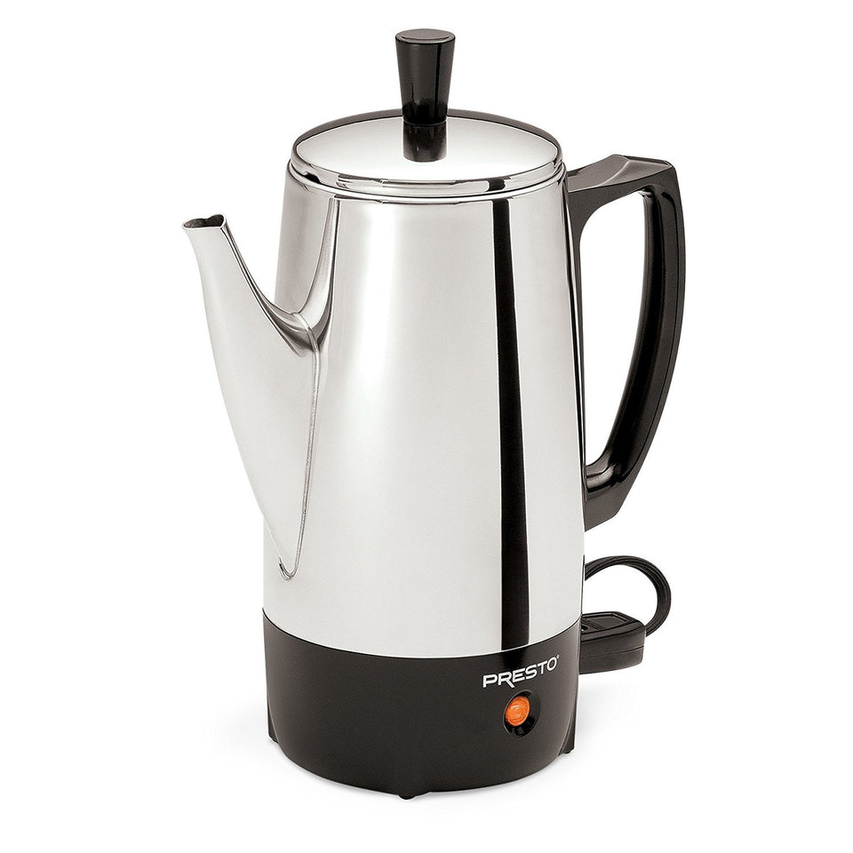 Presto 02822 coffee percolator top view highlights compact design for small spaces and efficiency