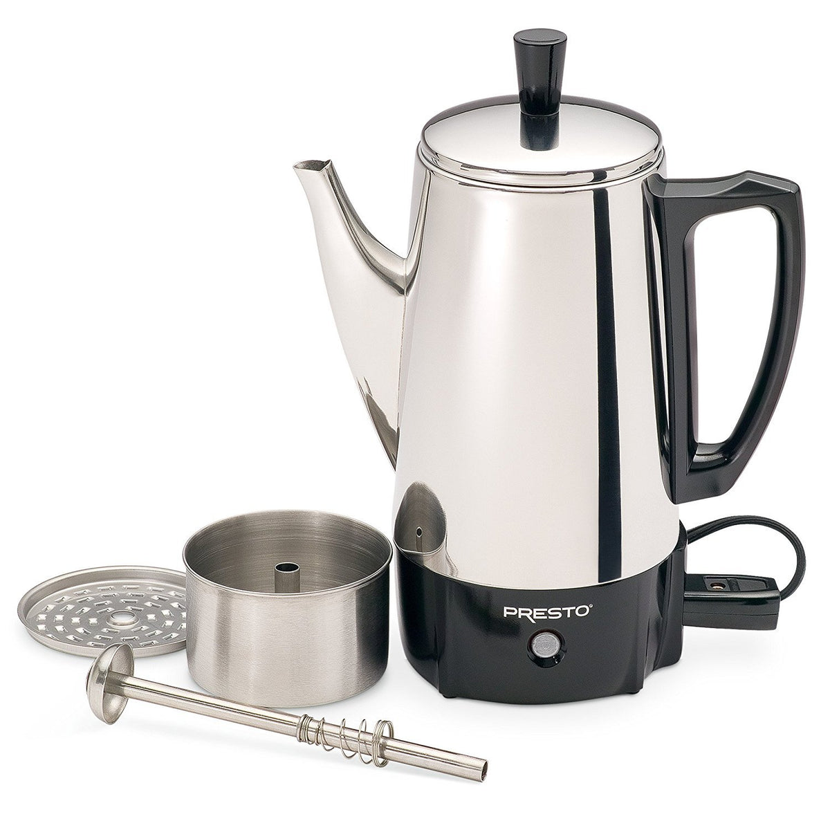 Presto 02822 stainless-steel pot close-up emphasizing durable build and ease of cleaning