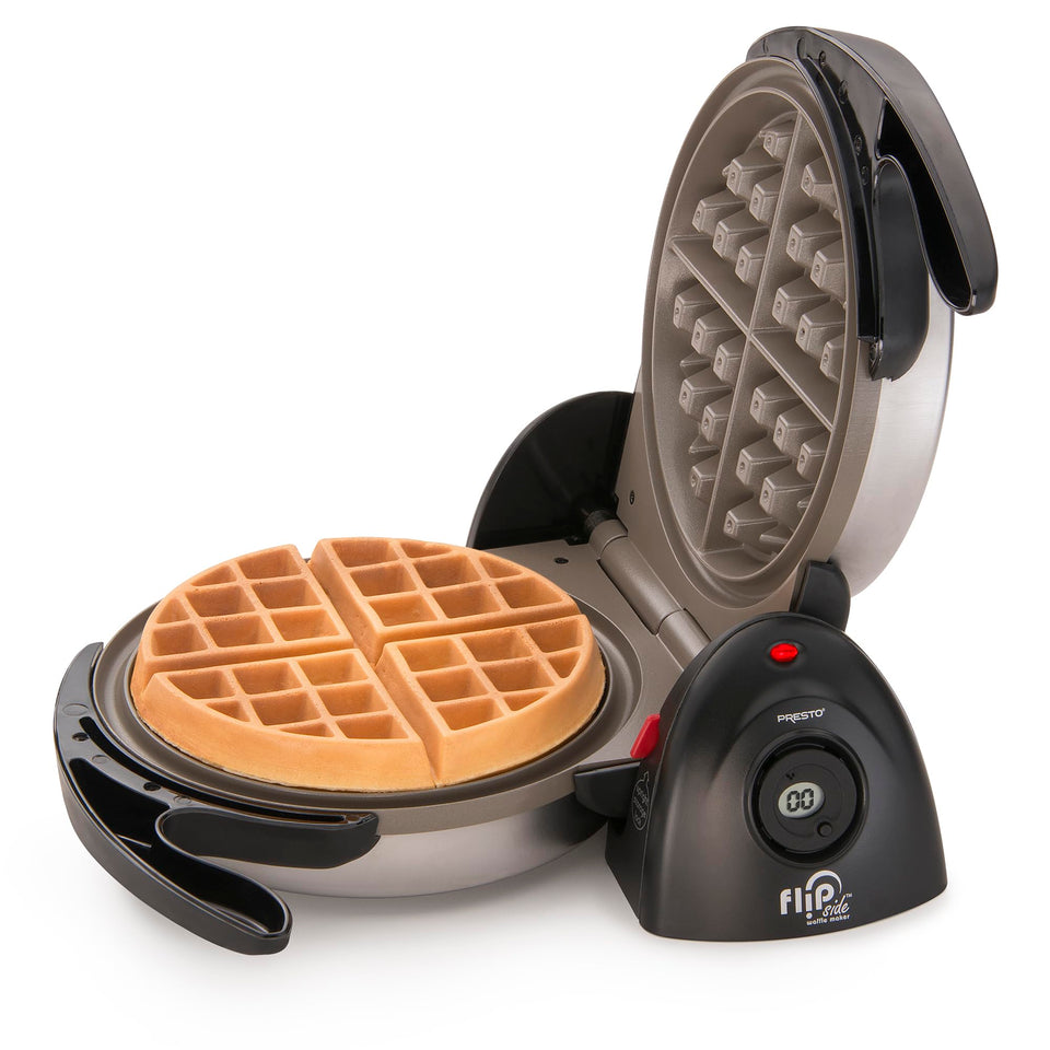 Presto 03510 Ceramic FlipSide waffle maker demonstrating 180-degree rotation for even browning.
