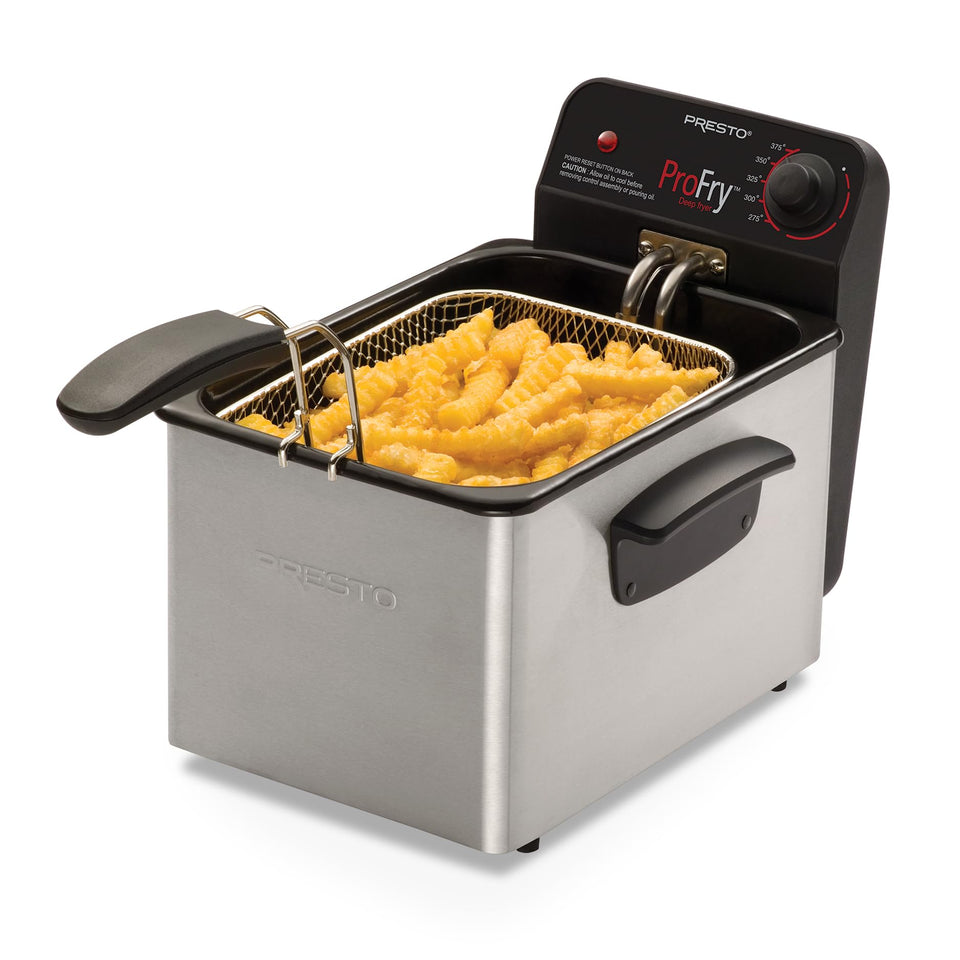 Presto 05461 deep fryer top view highlights 1800-watt immersion element for quick preheating