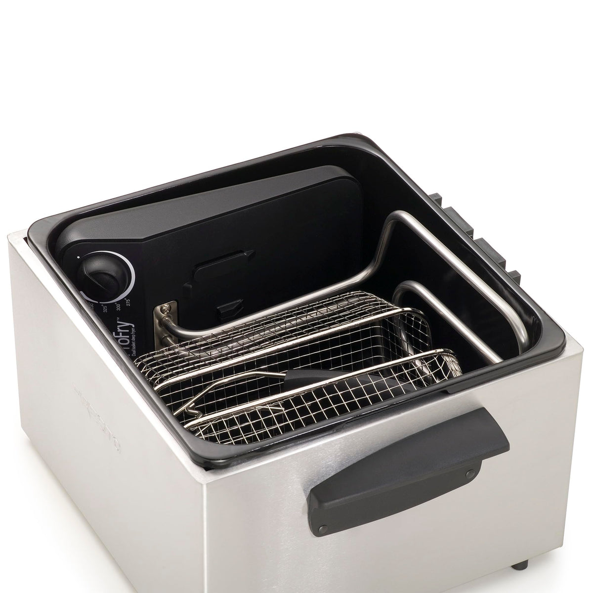 View of the adjustable thermostat control for precise frying temps.