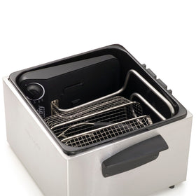 View of the adjustable thermostat control for precise frying temps.