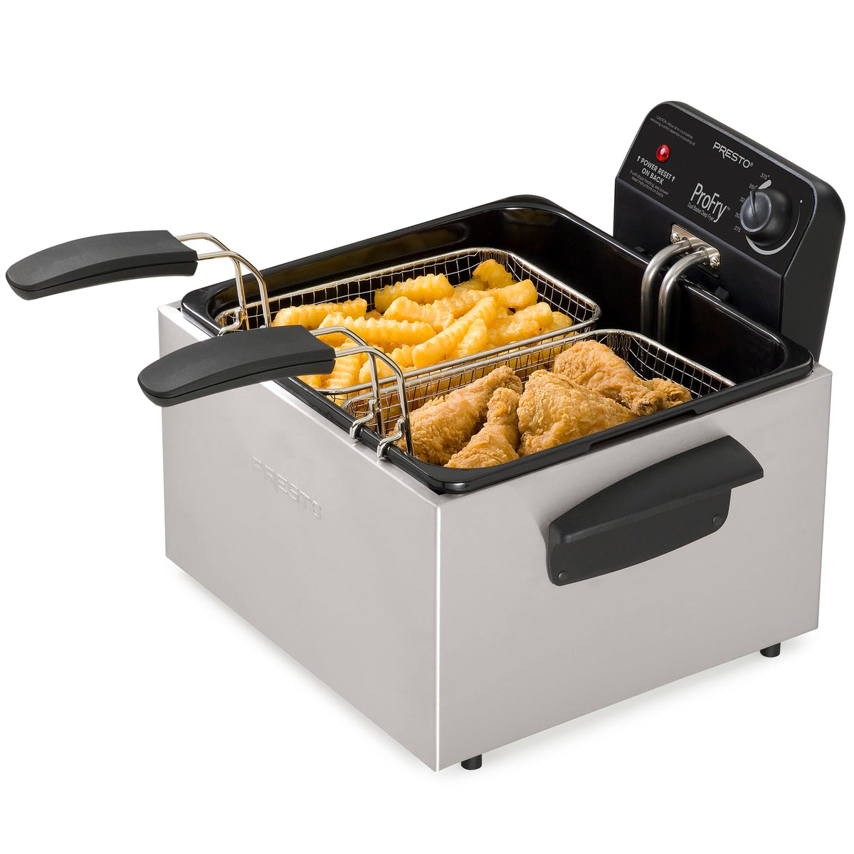 Presto 05466 dual baskets fryer showing two food bays for two-item frying.