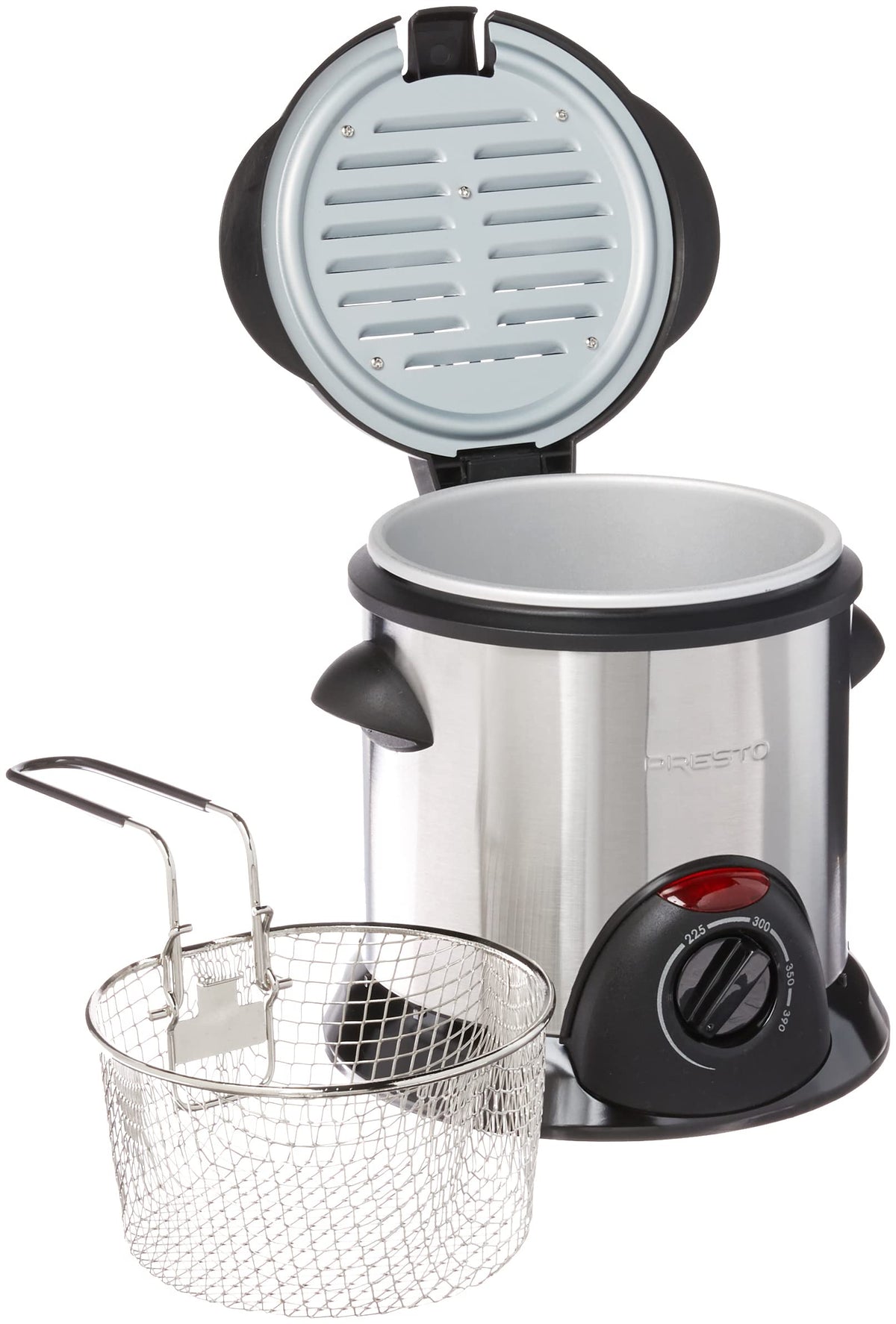 Presto 05470 deep fryer interior with anodized aluminum for fast, even heating.