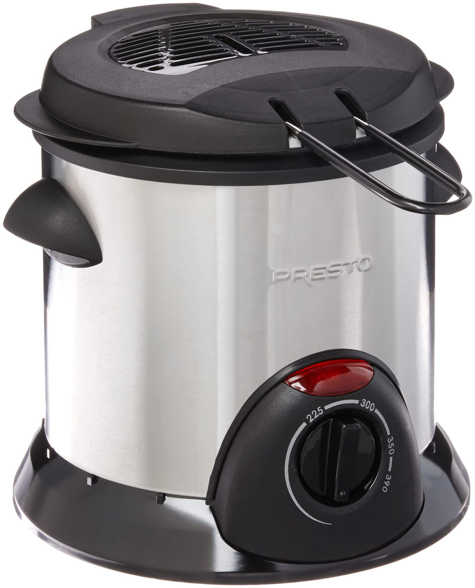 Presto 05470 stainless steel exterior deep fryer, front view for compact kitchen storage.
