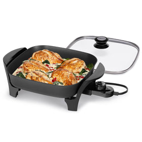 Presto 11-inch electric skillet with glass lid for versatile cooking and serving.