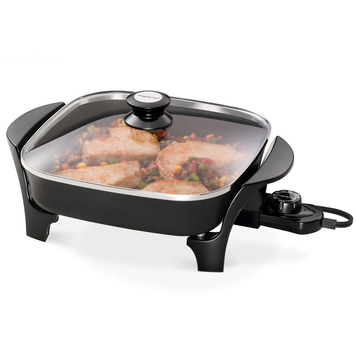 Skillet doubles as a buffet server, ideal for entertaining meals.