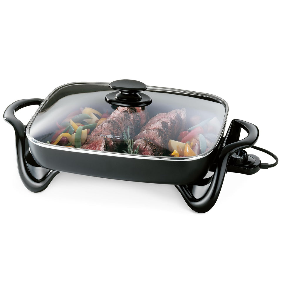 Presto 06852 16-inch electric skillet with glass cover for versatile cooking and serving.