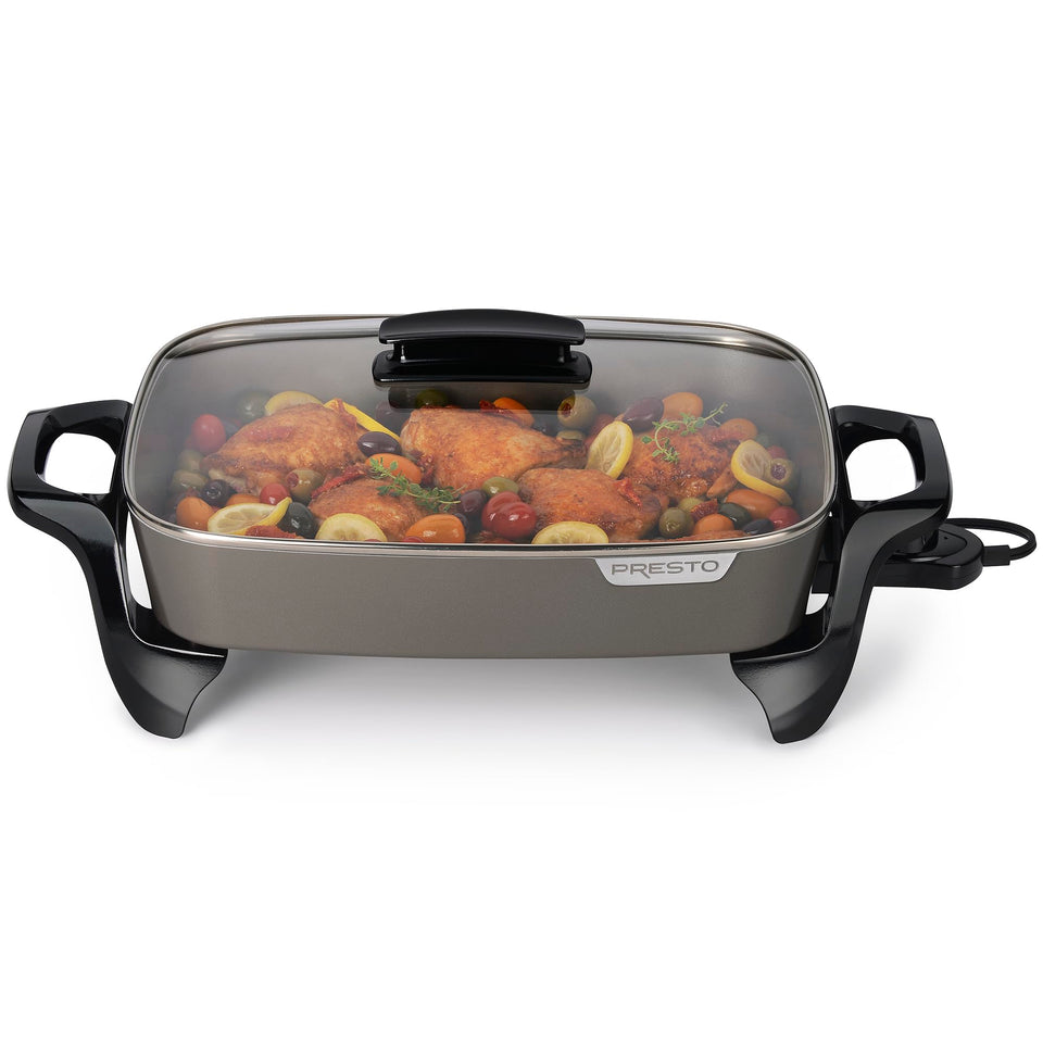 Presto 06856 16-inch ceramic electric skillet in grey, ideal for family meals with easy cleanup.