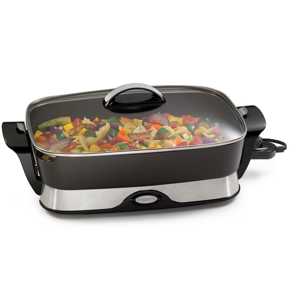 Presto 06857 16-inch skillet with detachable base for easy cleaning and storage.