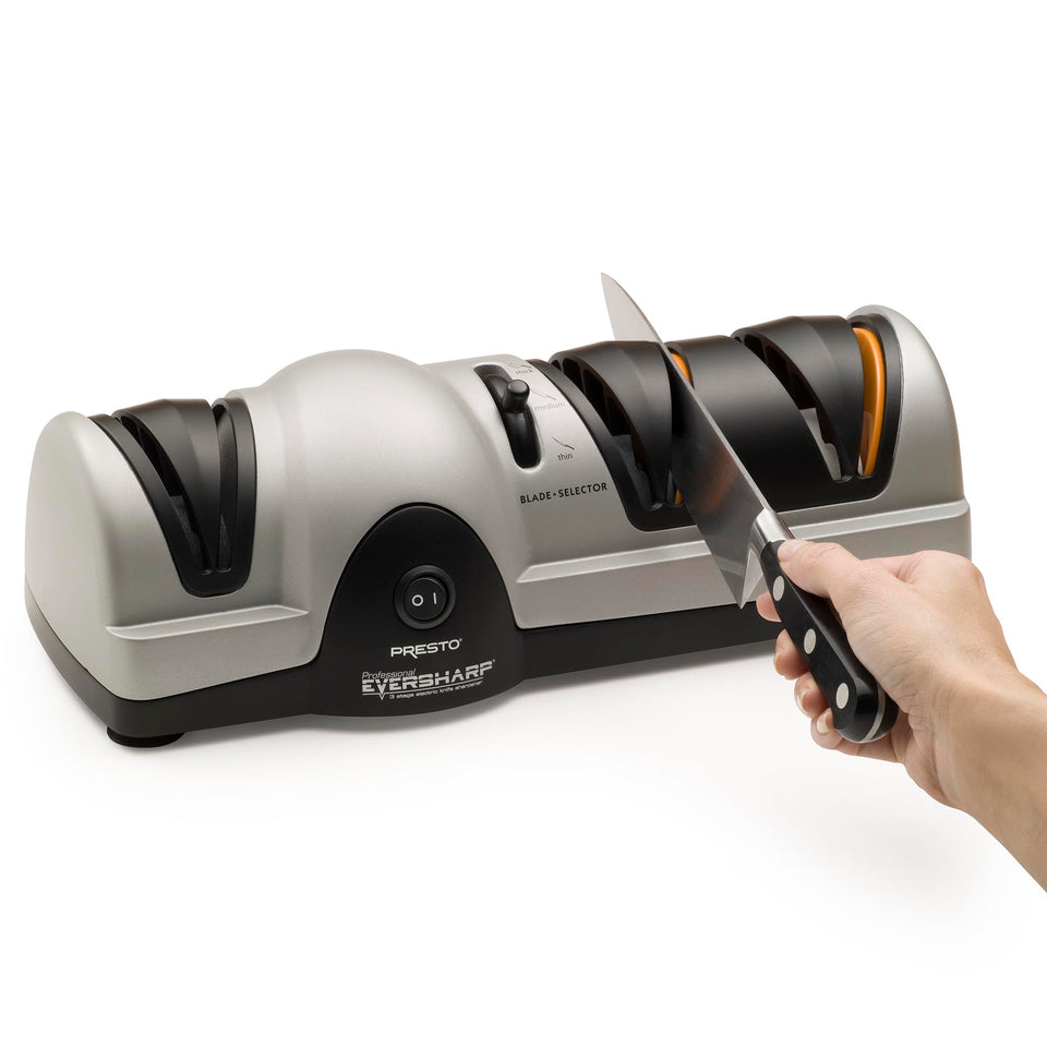 Presto 08810 professional knife sharpener with a 3-stage system for precise kitchen blade care.