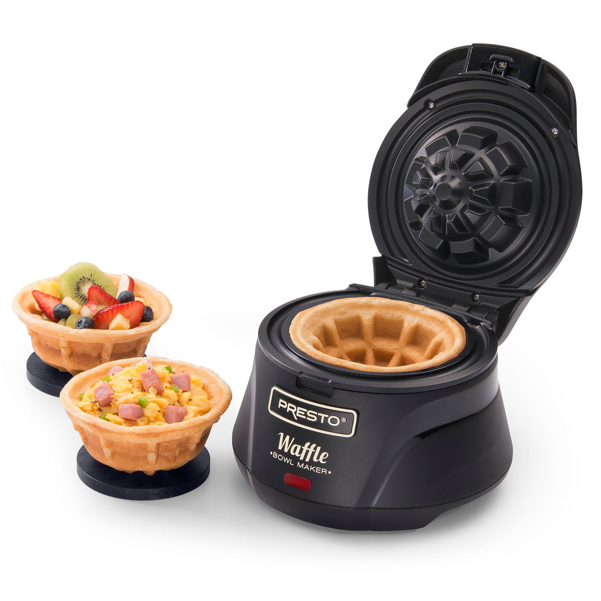 Presto Belgian Waffle Bowl Maker setup with batter ready to cook for thick waffles.