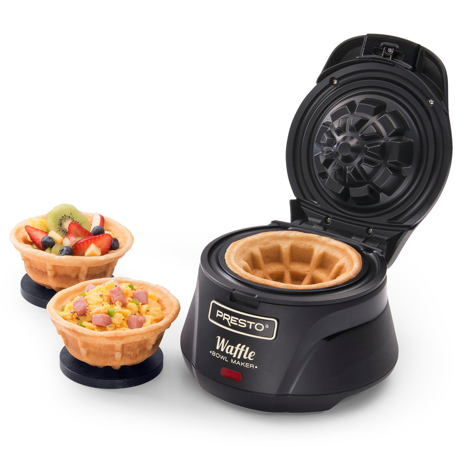 Presto Belgian Waffle Bowl Maker setup with batter ready to cook for thick waffles.