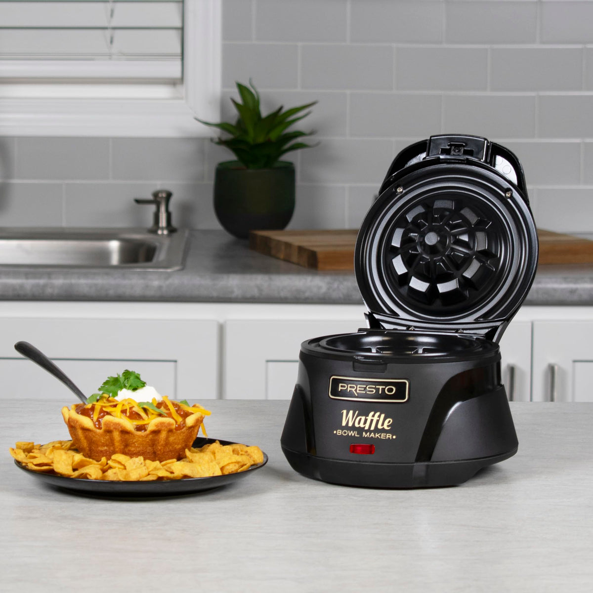 Presto compact countertop waffle bowl maker saves counter space in busy kitchens.