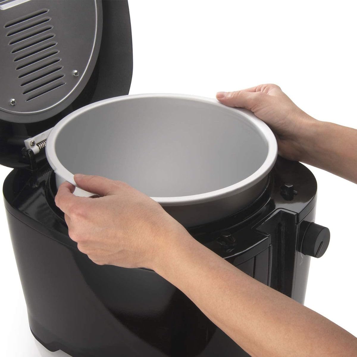 Compact-size deep fryer fits on counters and stores easily after cooking.