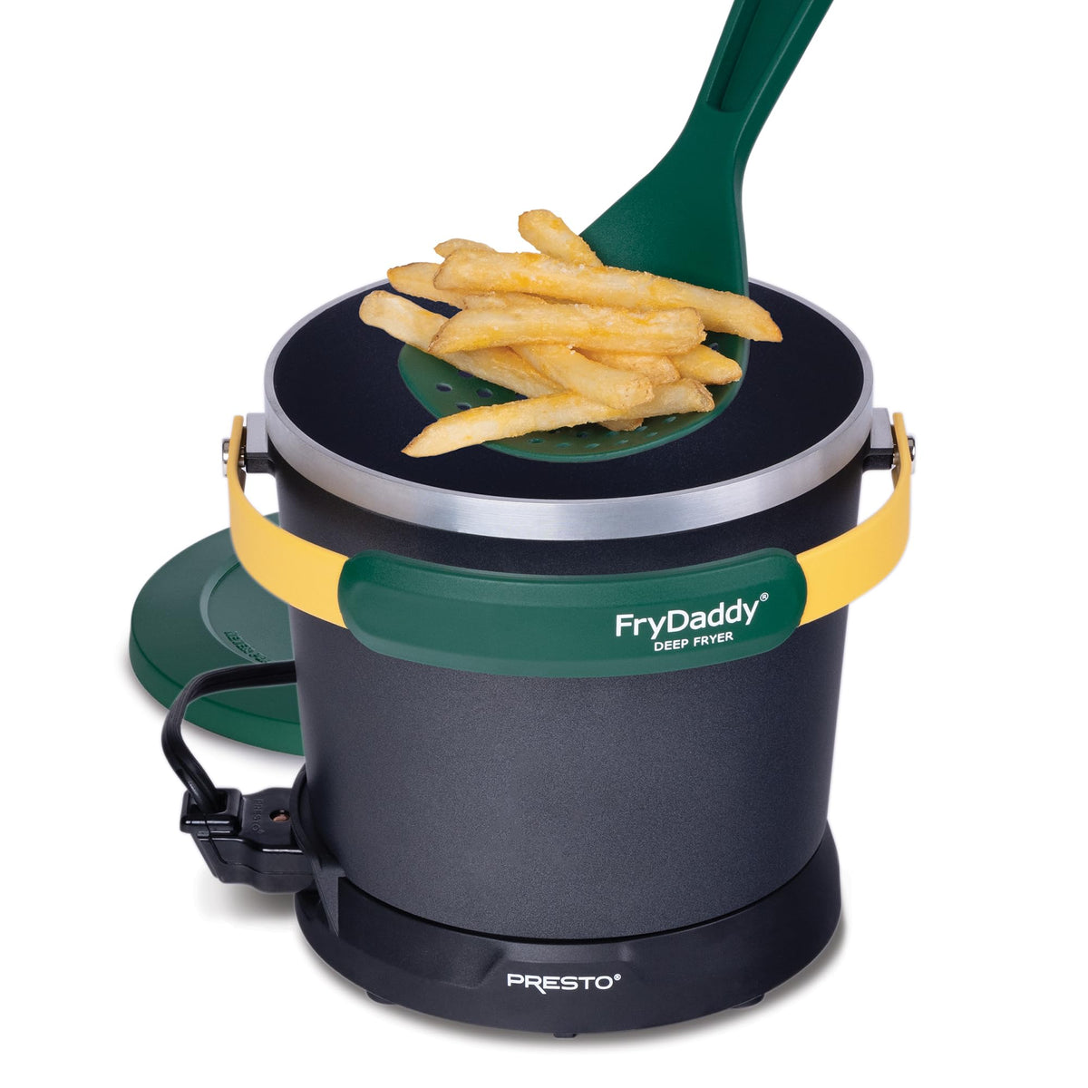 Presto FryDaddy 05427 green-gold front view highlighting compact design for easy storage.