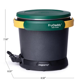 Presto FryDaddy 05427 green-gold four-serving fry view with fries and oil.