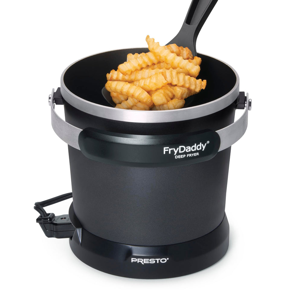 Presto FryDaddy electric deep fryer front view; compact design ideal for small kitchens and quick frying.