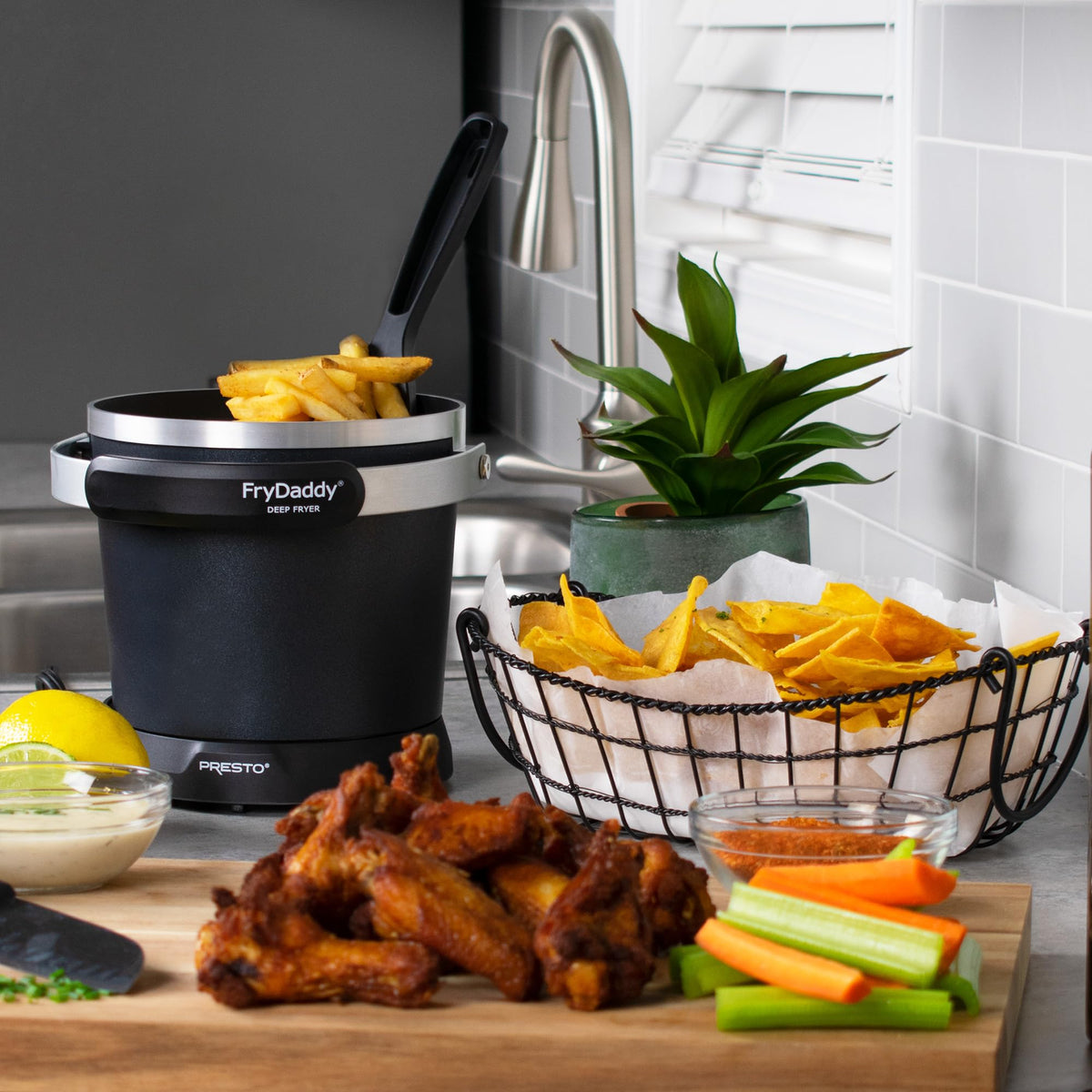 Presto FryDaddy with lid and handle; easy storage and oil reuse for mess-free frying.