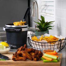 Presto FryDaddy with lid and handle; easy storage and oil reuse for mess-free frying.