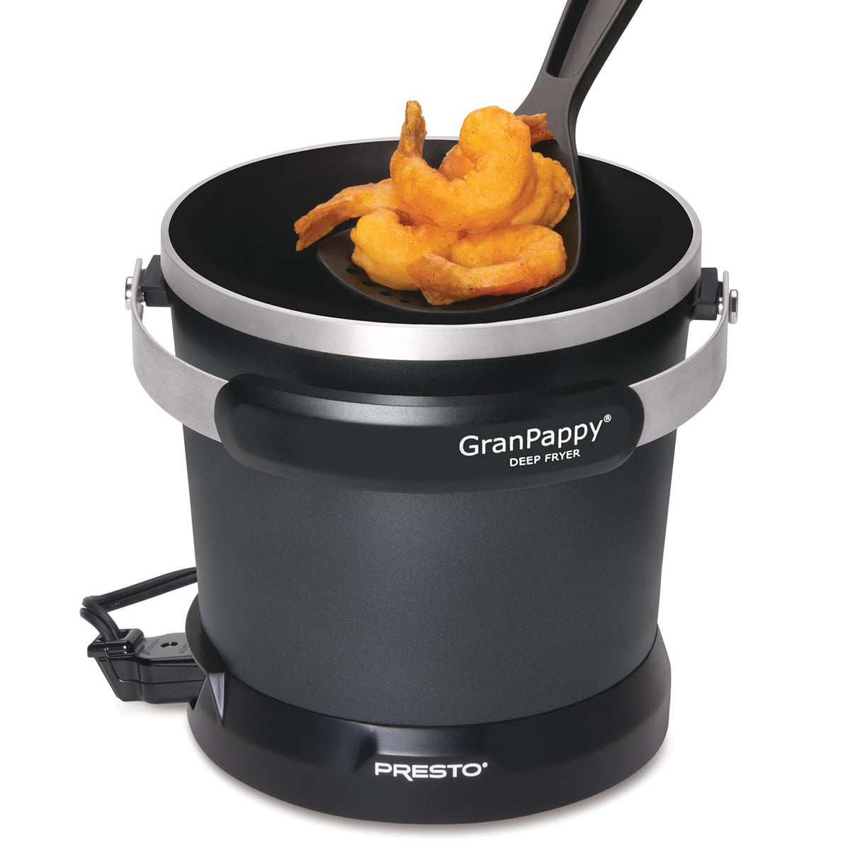 Compact GranPappy deep fryer sits on a kitchen countertop ready to fry.