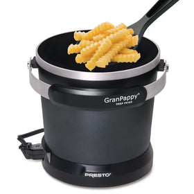 Presto GranPappy deep fryer with snap-on lid for reusable oil storage and reduced mess.