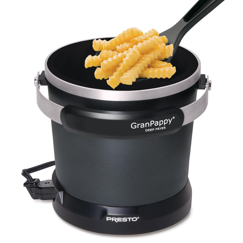 Presto GranPappy deep fryer with snap-on lid for reusable oil storage and reduced mess.