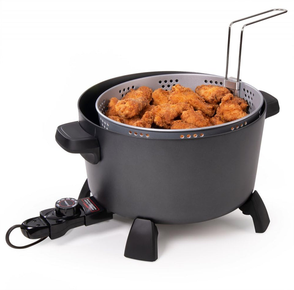 Presto Kitchen Kettle XL 10-Quart in black with steam basket for steaming and frying