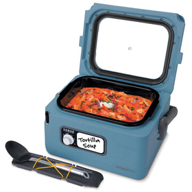Presto Nomad 8-quart slow cooker front view in blue, ideal for large meals.