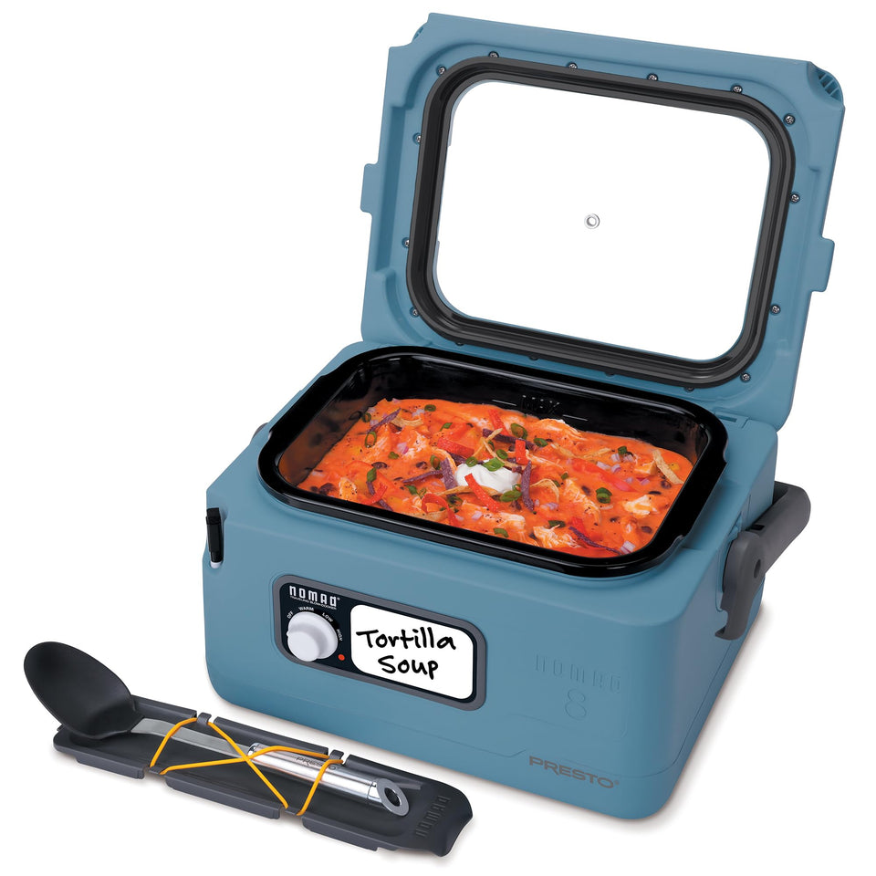 Presto Nomad 8-quart slow cooker front view in blue, ideal for large meals.
