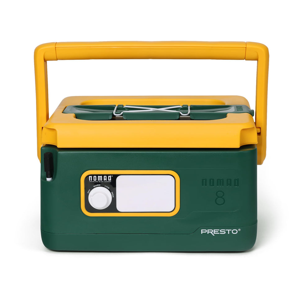 Presto Nomad 8-Quart slow cooker with locking lid for spill-free travel meals.
