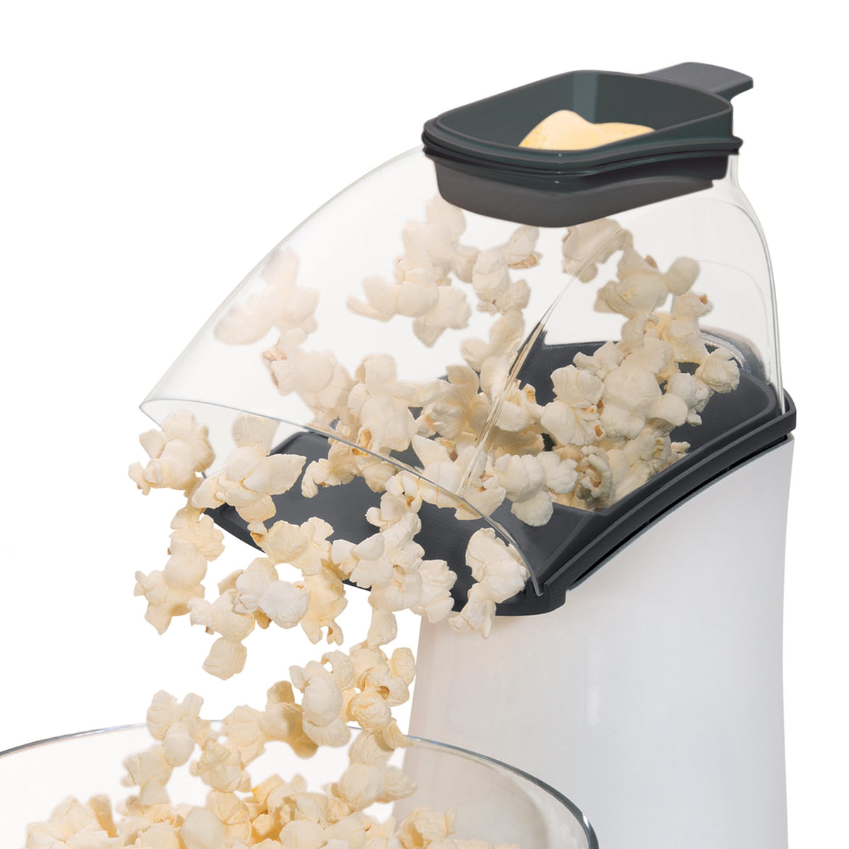 Presto butter melter measuring cup on top enables easy butter melting while popping.