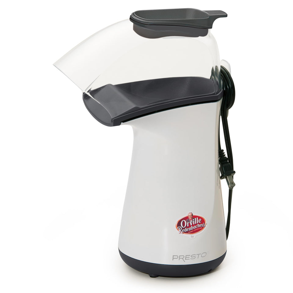 Presto Orville Redenbacher's hot air popper exterior with clear lid for mess-free popping.