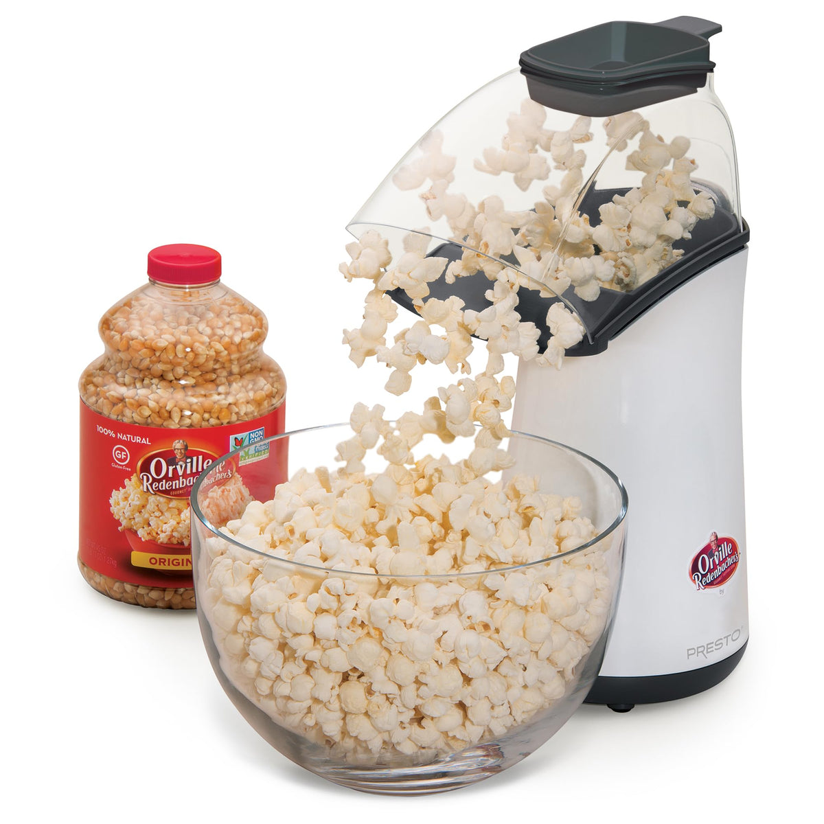 Presto Orville Redenbacher's hot air popper in action delivering healthy air-popped kernels.