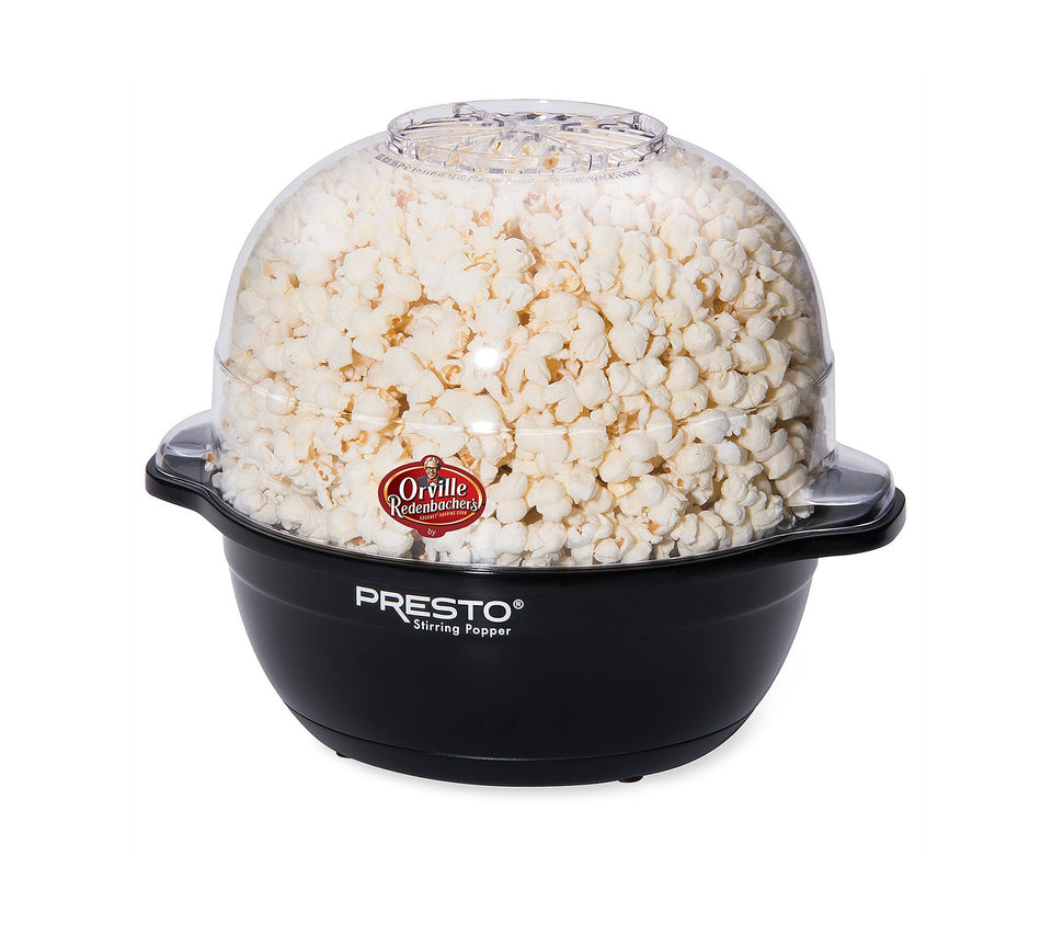 Presto Orville Redenbacher's Stirring Popper with black exterior for quiet, even popping