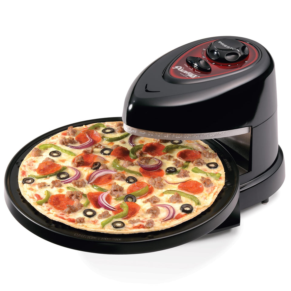 Front view of Presto Pizzazz Plus rotating oven for even baking.