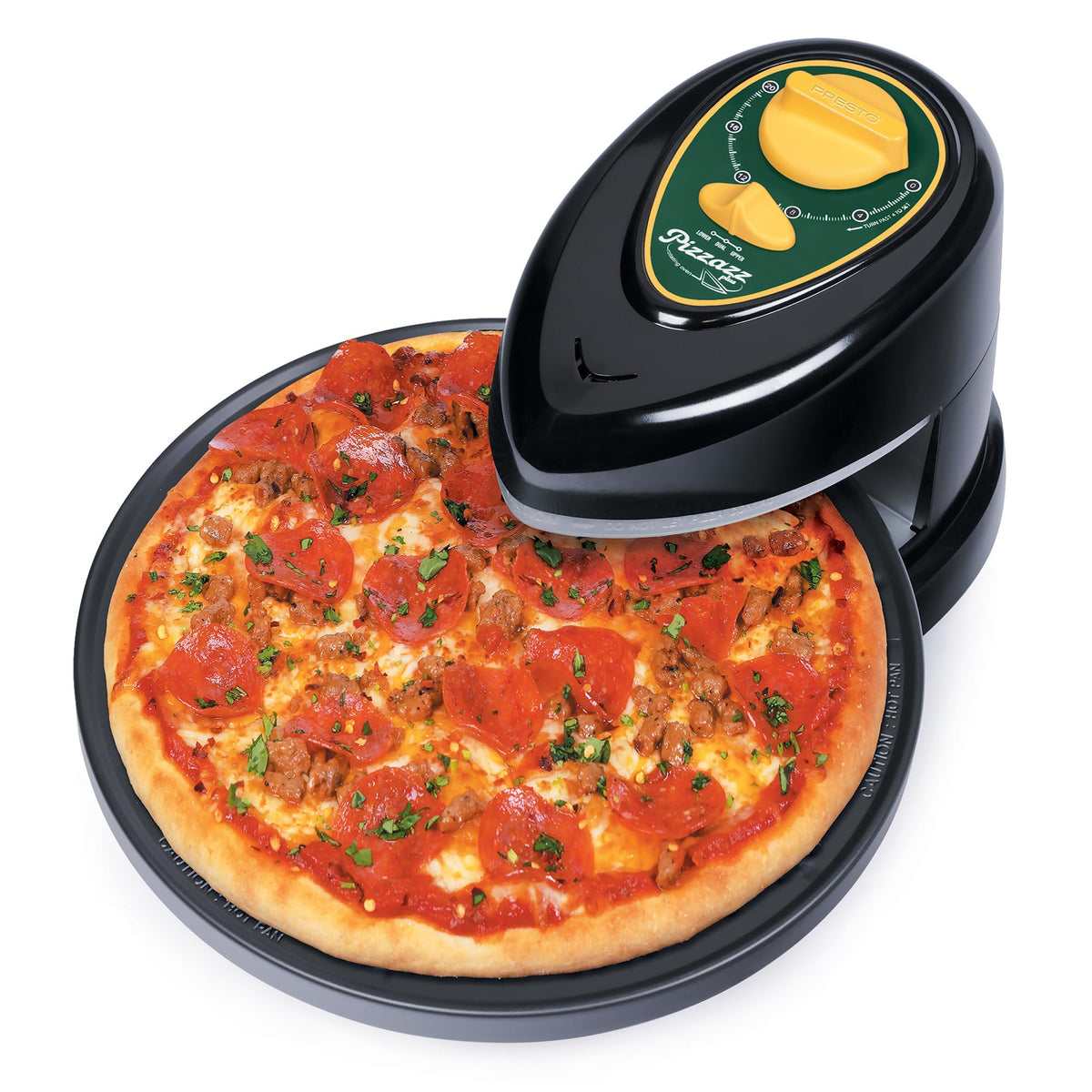 Presto Pizzazz Plus rotating oven in green and gold, front view ready to bake.