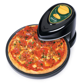 Presto Pizzazz Plus rotating oven in green and gold, front view ready to bake.