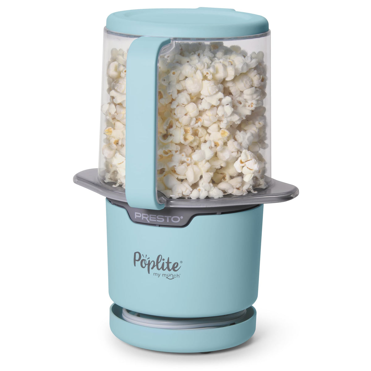 Presto PopLite My Munch blue front view highlights compact popcorn popper design.