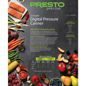 Presto Precise 23-Quart Digital Canner packaging includes quick-start guide and recipes