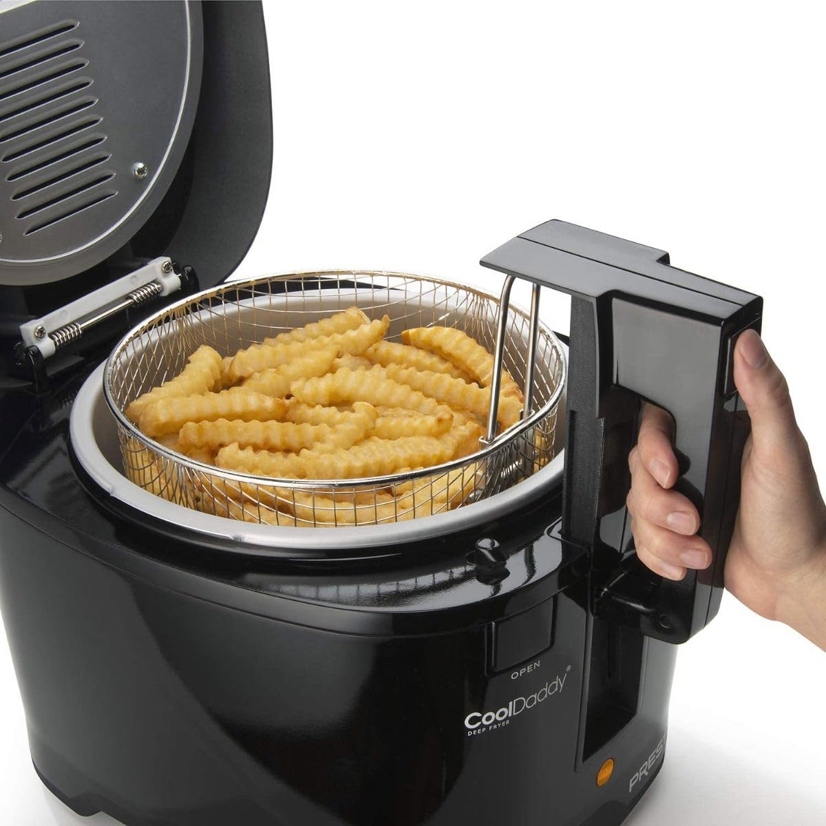 Removable nonstick pot simplifies cleanup after frying sessions.