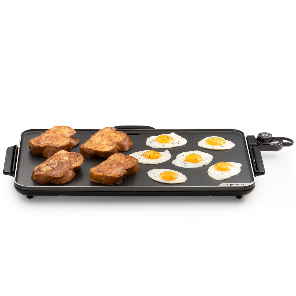 Presto Slimline 22x13 griddle on stove for large breakfasts