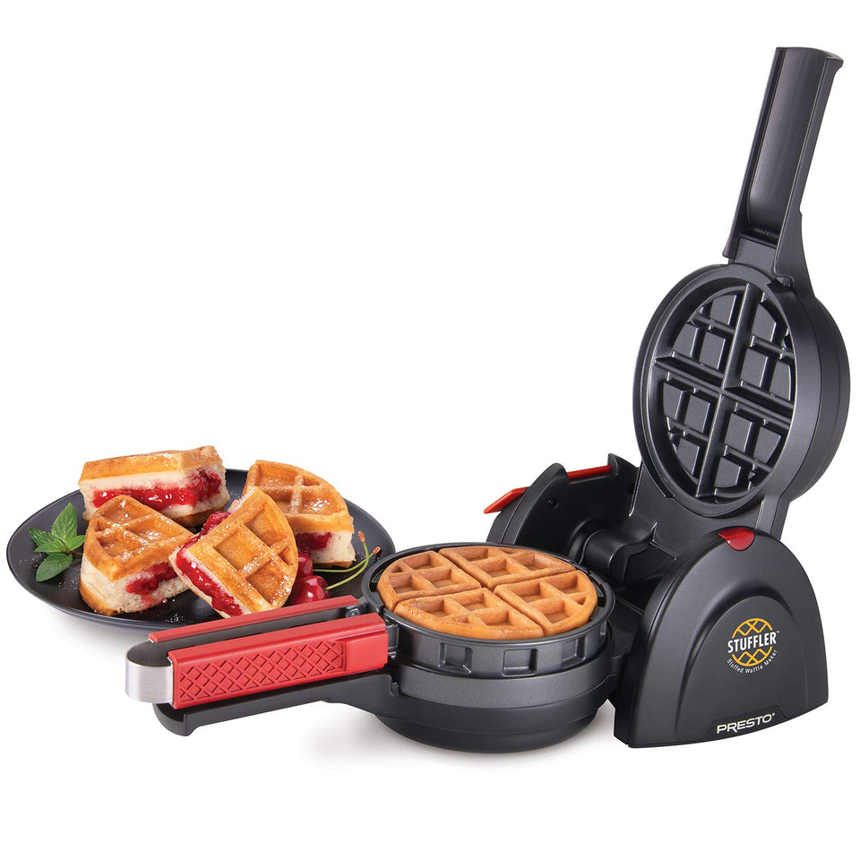 Presto Stuffler waffle maker front view highlighting compact storage and sleek black finish