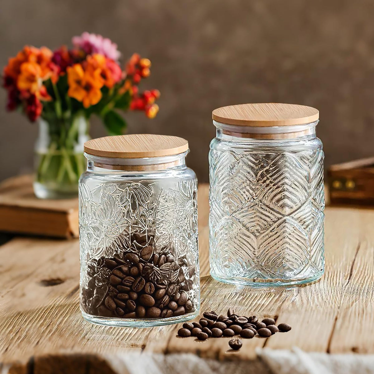 Prettidecor 2-pack glass storage jars with airtight lids for organized freshness.