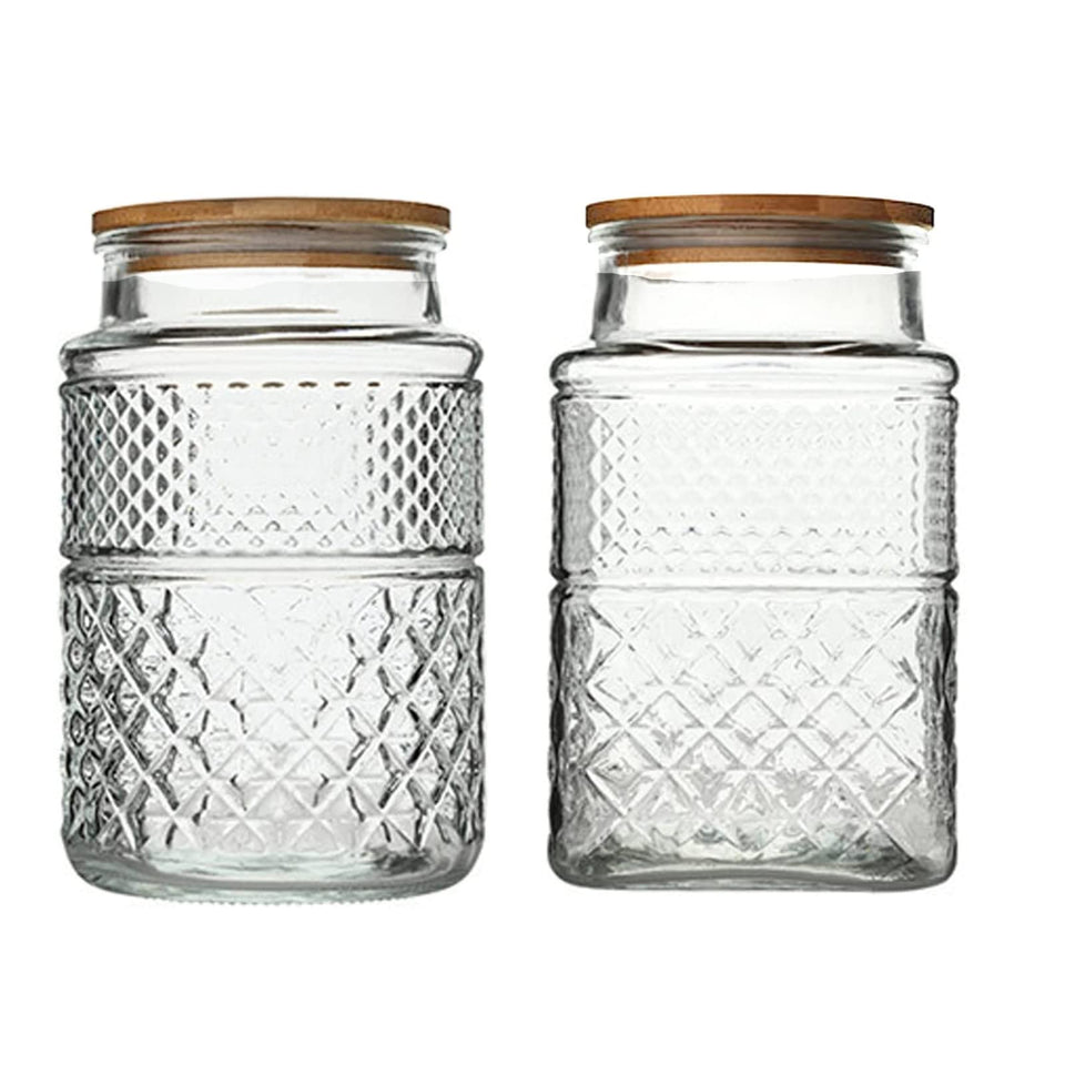 Prettidecor large glass storage jar on countertop for easy pantry organization.