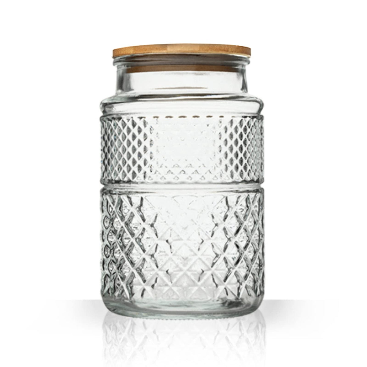 Prettidecor large glass storage jar on a shelf for pantry organization.